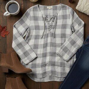 cloth & stone Lace-Up Buffalo Plaid Top | Grey & White | Small